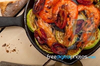 Roasted Shrimps With Zucchini And Tomatoes Stock Photo