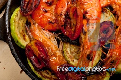 Roasted Shrimps With Zucchini And Tomatoes Stock Photo