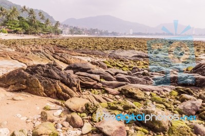 Rock Exposed When Low Tide Background, Kalim Bay, Phuket, Thaila… Stock Photo