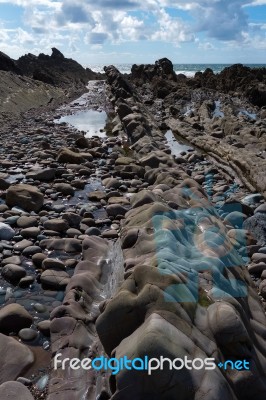 Rocky Coastline At Bude Stock Photo