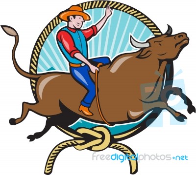 Rodeo Cowboy Bull Riding Lasso Cartoon Stock Image