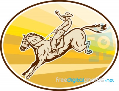 Rodeo Cowboy Riding Horse Oval Retro Stock Image