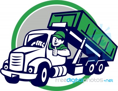 Roll-off Bin Truck Driver Thumbs Up Circle Cartoon Stock Image