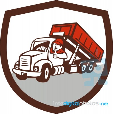 Roll-off Bin Truck Driver Thumbs Up Shield Cartoon Stock Image