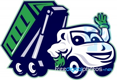 Roll-off Bin Truck Waving Cartoon Stock Image