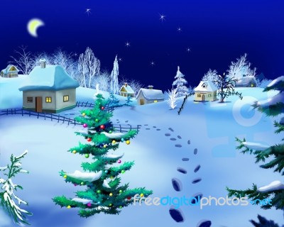 Romantic Winter Night At New Year's Eve  On The Background  Rural Landscape Stock Image