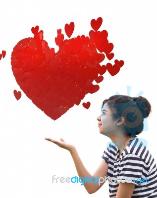 Romantic Young Woman Holding A Red Heart In Hands Stock Photo