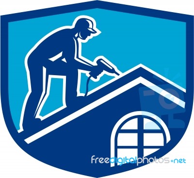 Roofer Construction Worker Working Shield Retro Stock Image