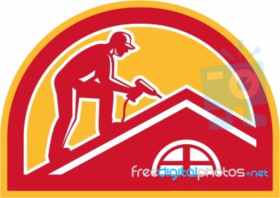 Roofer Working On Roof Half Circle Retro Stock Image