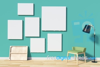 Room Interior With Empty Canvas For Mock Up On Green Wall Stock Image