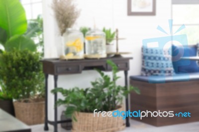 Room Interior With Frames On White Wall Stock Photo