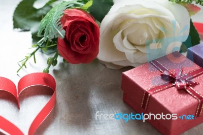 Roses And A Hearts On Board, Valentines Day Background, Wedding Stock Photo