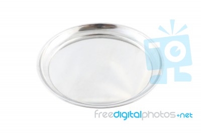 Round Stainless Food Plate On White Background Stock Photo