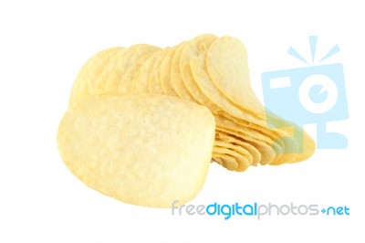 Row Of Potato Chip And Single On White Background Stock Photo