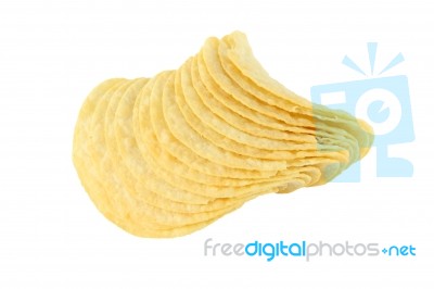 Row Of Potato Chip On White Background Stock Photo