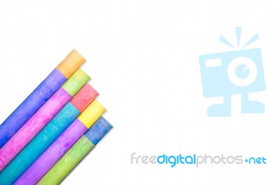 Row Of Rainbow Colored Chalk Isolate On White Background Stock Photo