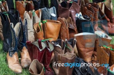 Rows Of Boots For Sale Stock Photo