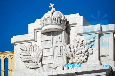 Royal Crown Statue On The Margaret Bridge In Budapest Stock Photo