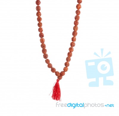 Rudraksha Rosary In A Female Hand. Japa Mala Stock Photo