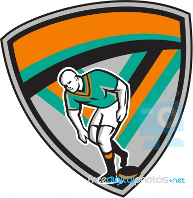 Rugby League Player Playing Ball Shield Retro Stock Image