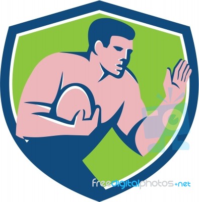 Rugby Player Ball Fend Off Shield Retro Stock Image