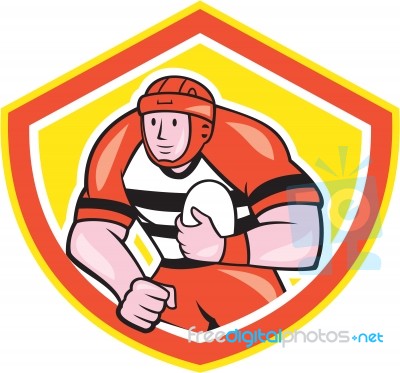 Rugby Player Holding Ball Shield Cartoon Stock Image