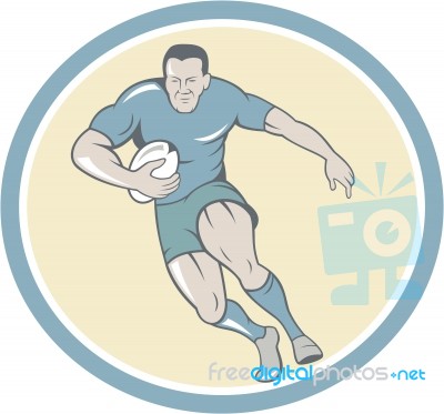 Rugby Player Running Ball Circle Cartoon Stock Image