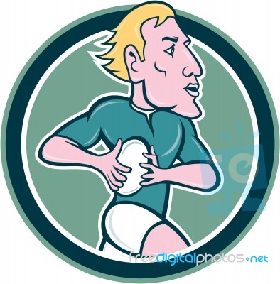 Rugby Player Running Ball Circle Cartoon Stock Image