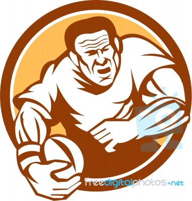 Rugby Player Running Ball Circle Linocut Stock Image