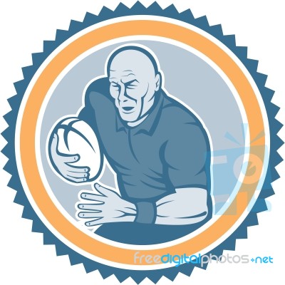 Rugby Player Running Ball Rosette Cartoon Stock Image