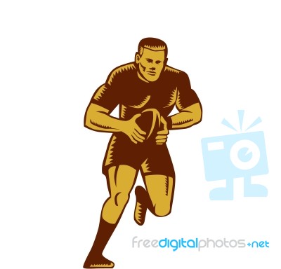 Rugby Player Running Ball Woodcut Stock Image