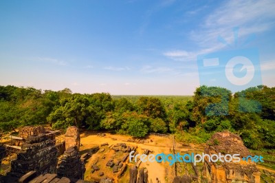 Ruins Of Phnom Bakheng Temple At Angkor Wat Complex Stock Photo