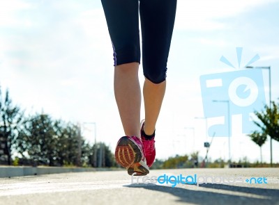 Runner Feet Running On Road Closeup On Shoe Stock Photo