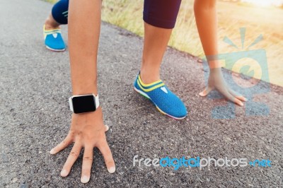 Runner Gesture Ready Start To Run On Road Stock Photo