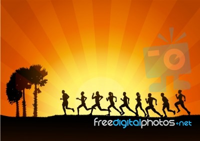 Running , Marathon, On Sunset Background, Graphic Stock Image