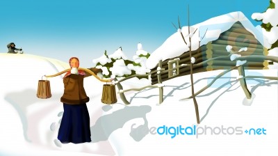 Russian Winter  In A Old Traditional Village Stock Image