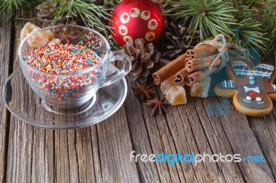 Rustic Wooden Table With Spice And Cup Stock Photo