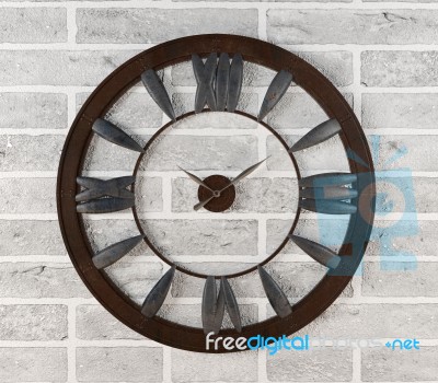 Rusty Clock Hanging On White Brick Wall Stock Image