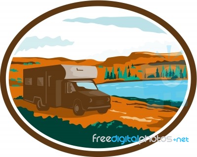 Rv Camper Van Desert Scene Oval Retro Stock Image