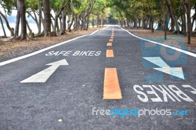  Safe Bikes Words With White Arrow Sign Marking On Road Surface In The Park Stock Photo