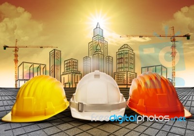 Safety Helmet And Building Construction Sketching Stock Photo