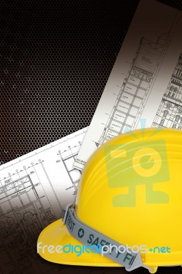 Safety Helmet With Blueprint Stock Image