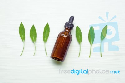 Sage Essential Oil With Sage Leaves On White  Blackground Stock Photo