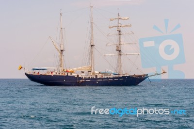 Sail Boat Near Galapagos Islands On Pacific Ocean Stock Photo