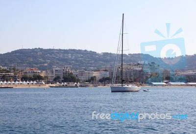 Sailing Boat In The Mediterranean Sea, French Riviera, Cannes, F… Stock Photo