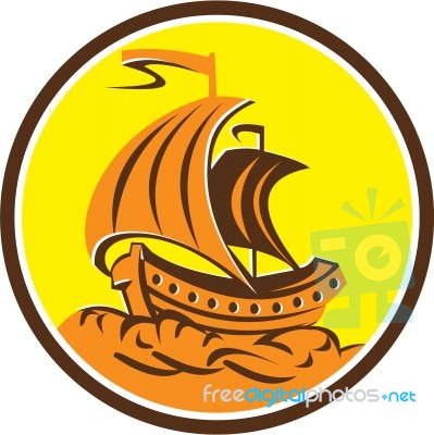 Sailing Galleon Ship Circle Retro Stock Image