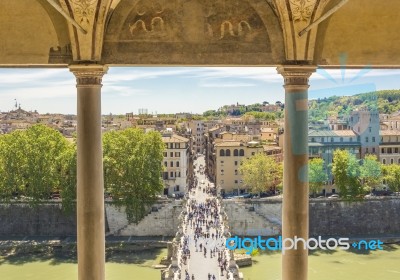 Saint Angel Bridge Over The River Tiber With Tourists Stock Photo