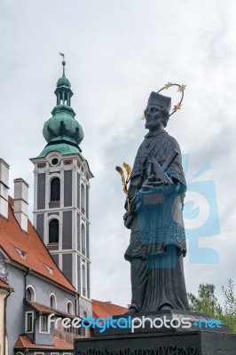 Saint John Of Nepomuk Statue In Cesky Krumlov Stock Photo