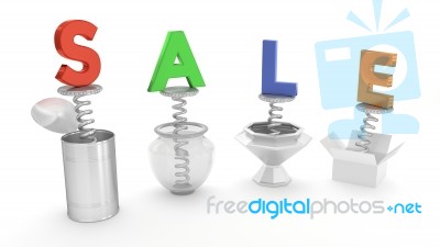 Sale Colorful Wording Pop Up Out Of Containers Stock Image