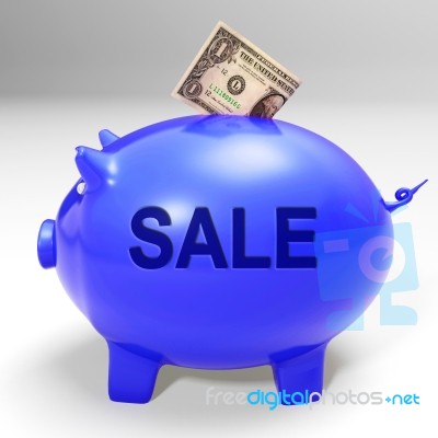 Sale Piggy Bank Shows Price Cut And Discounted Products Stock Image